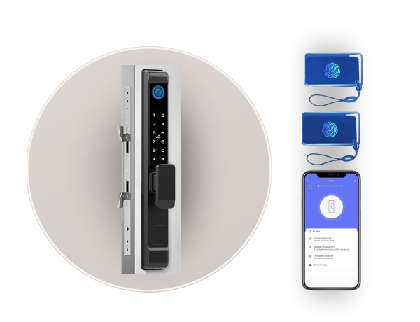 Custom lockset options for sliding security door including smart lock, keypad, and key entry hardware